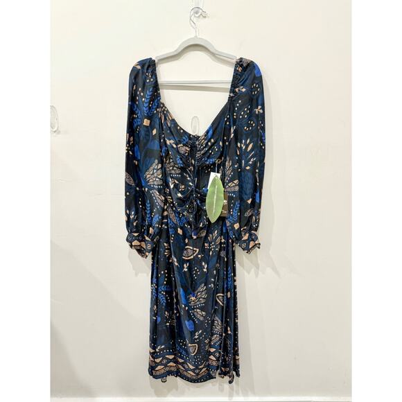 NWT Farm Rio Macaw Forest Crisscross Tie A-Line Midi Dress Cobalt Blue Large - Picture 2 of 6